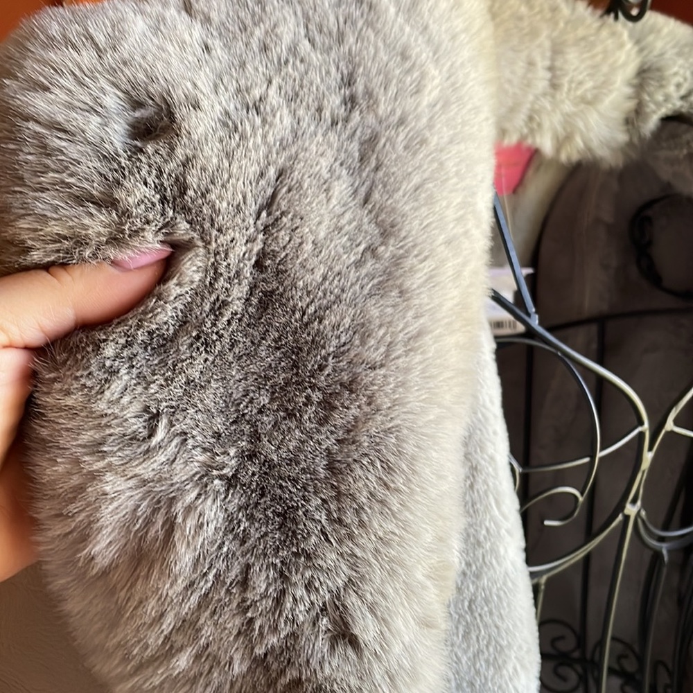 Luxury Faux Fur Collar Leather Jacket - Pale Gray - Picture 3 of 7